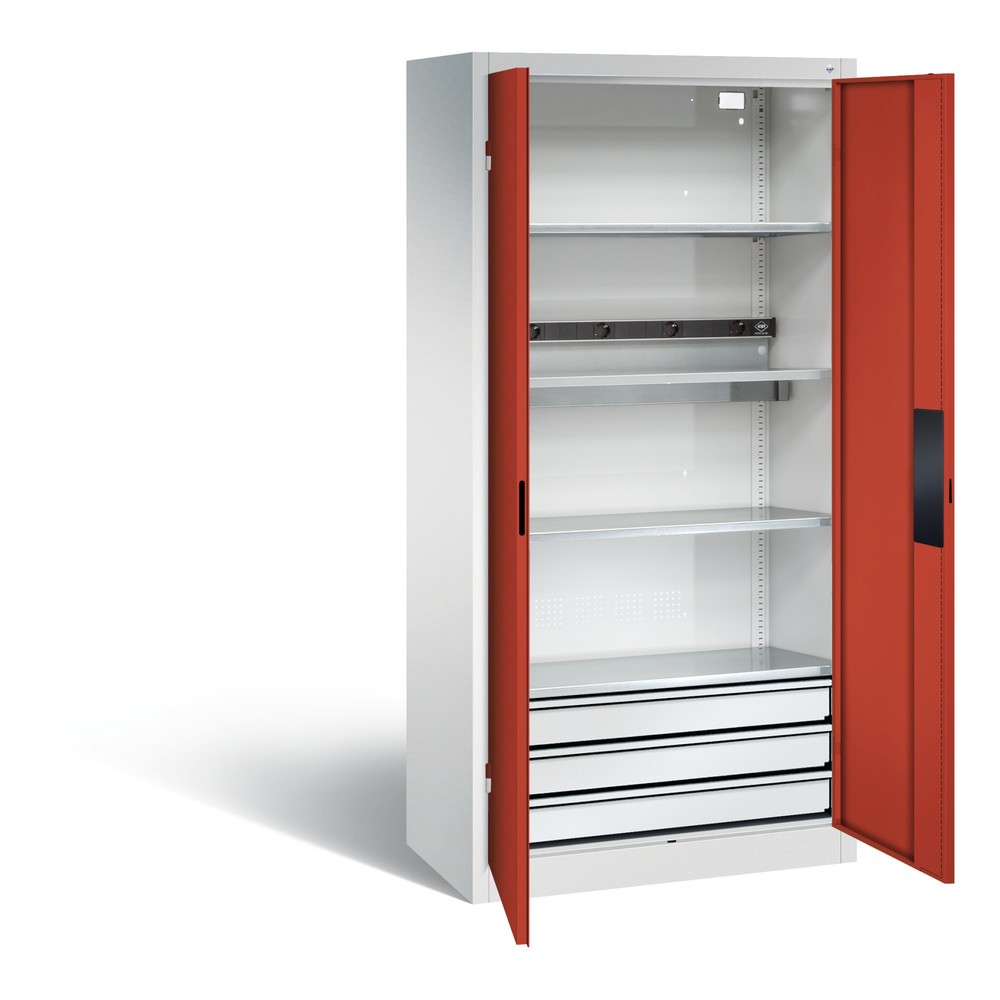 Produktabbildung Nr. 1: C+P Akku-Ladeschrank Serie 89, 3 Schubladen, 1 Elektro-Einlegeboden, 5-fach-Steckdosenleiste, 3 m Zuleitung, lichtgrau/feuerrot